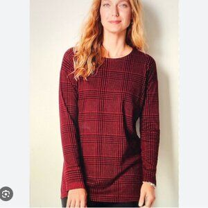 J.Jill Simply Supima Crew-Neck Tunic Top Red Black Plaid Buffalo Check Sz M